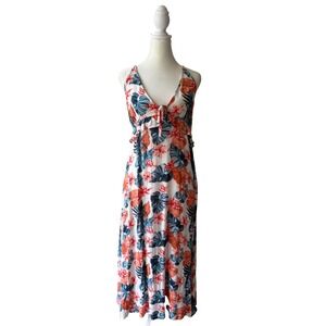 Roxy Floral Tie Front Midi Dress Size XS Tropical Boho Beach Vacation‎ Sundress